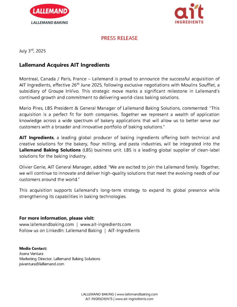 PRESS RELEASE - Lallemand acquires AIT - 072025 FINAL EN PRESS RELEASE - Lallemand acquires AIT - 072025 FINAL EN