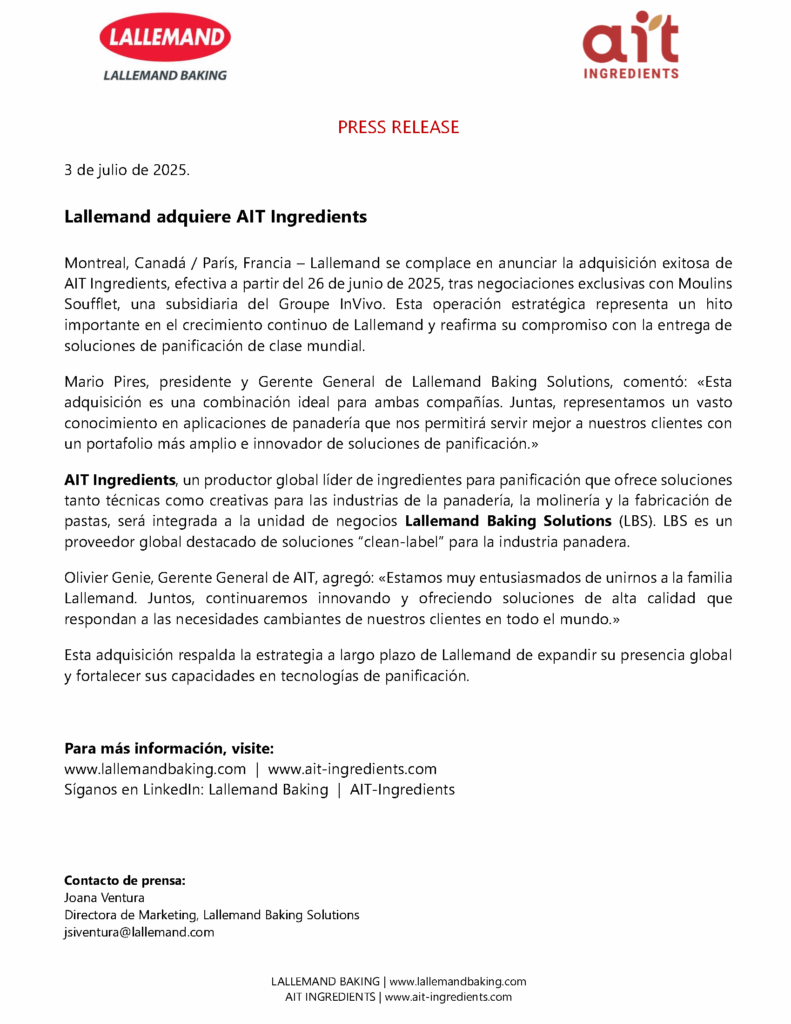 PRESS RELEASE - Lallemand acquires AIT - 072025 FINAL ES PRESS RELEASE - Lallemand acquires AIT - 072025 FINAL ES