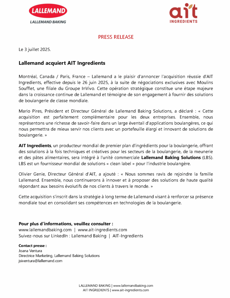 PRESS RELEASE - Lallemand acquires AIT - 072025 FINAL FR PRESS RELEASE - Lallemand acquires AIT - 072025 FINAL FR